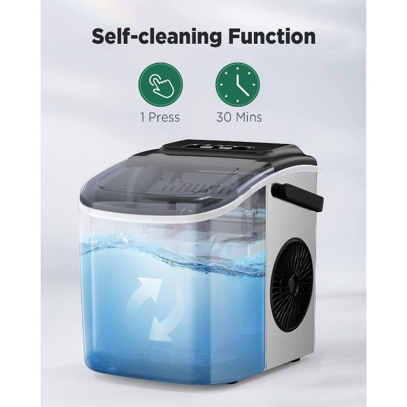 Silonn Stainless Steel Countertop Ice Maker - 9 Cubes in 6 Mins, 26lbs/24Hrs, Self-Cleaning, Includes Scoop & Basket, 2 Bullet Ice Sizes
