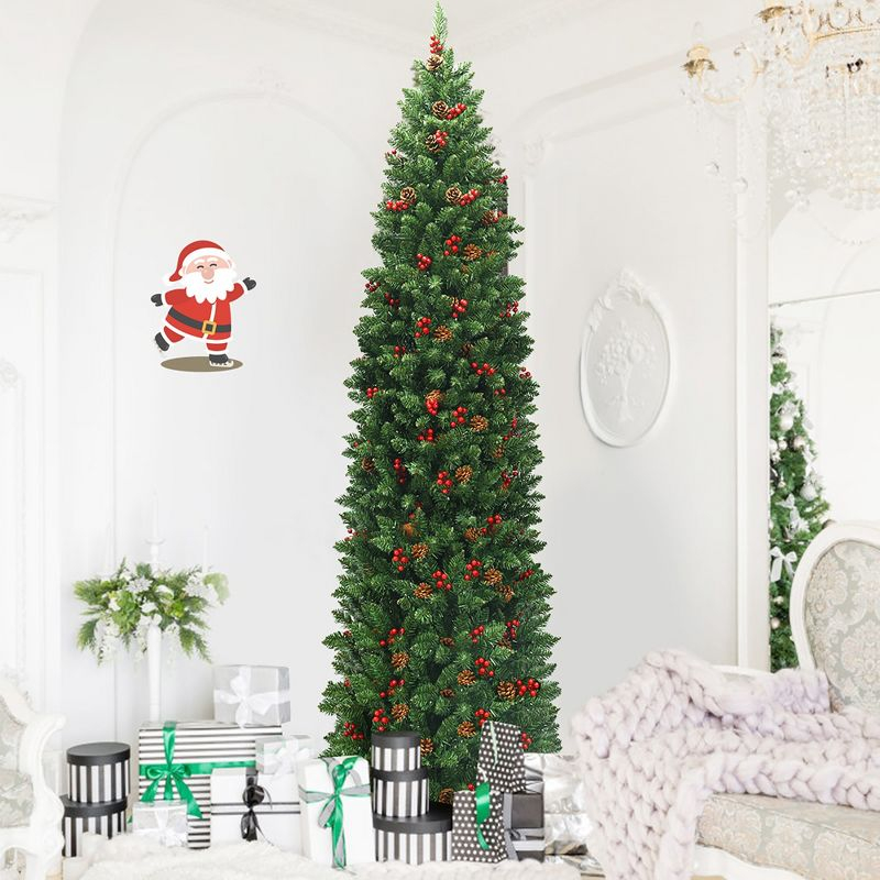 Costway 7.5Ft Pre-lit Hinged Pencil Christmas Tree w/Pine Cones Red Berries & 350 Lights