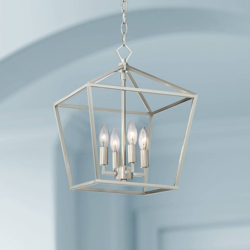 Franklin Iron Works Queluz Brushed Nickel Pendant Chandelier 13" Wide Modern Industrial Geometric Cage 4-Light Fixture for Dining Room Kitchen Island