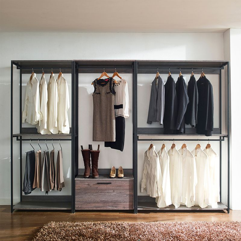 AndMakers Monica Farmhouse Industrial Wood Walk-in Closet with Two Shelves in Rustic Gray
