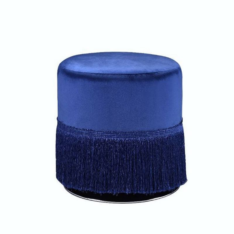 17" Clivia Velvet Ottoman Midnight Blue - Acme Furniture: Cylindrical, Fringe Base, No Assembly