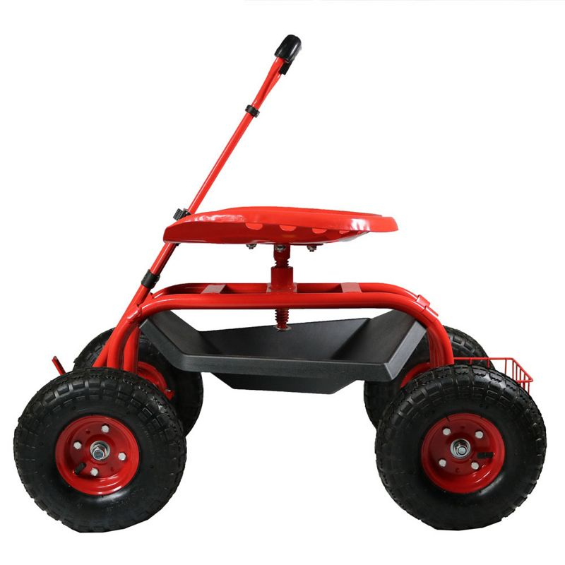 Sunnydaze Outdoor Heavy-Duty Steel Rolling Gardening Cart with Extendable Steer Handle, Swivel Chair, Tool Tray, and Basket - Red
