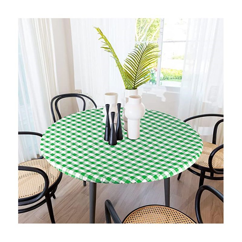 Round Tablecloth -Fitted with Elastic, Vinyl with Flannel Back, 48” Green Checked Design,- By Sorfey