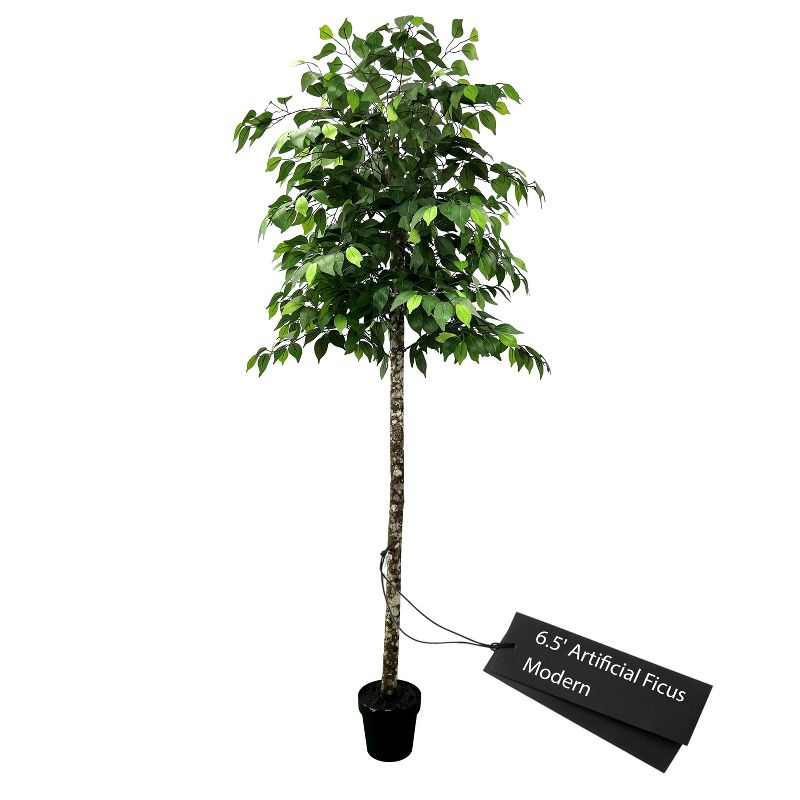 Cypress & Alabaster | Handmade Modern Style 6.5' Artificial Ficus Tree In Home Basics Plastic Pot Made With Real Wood And Moss Accents