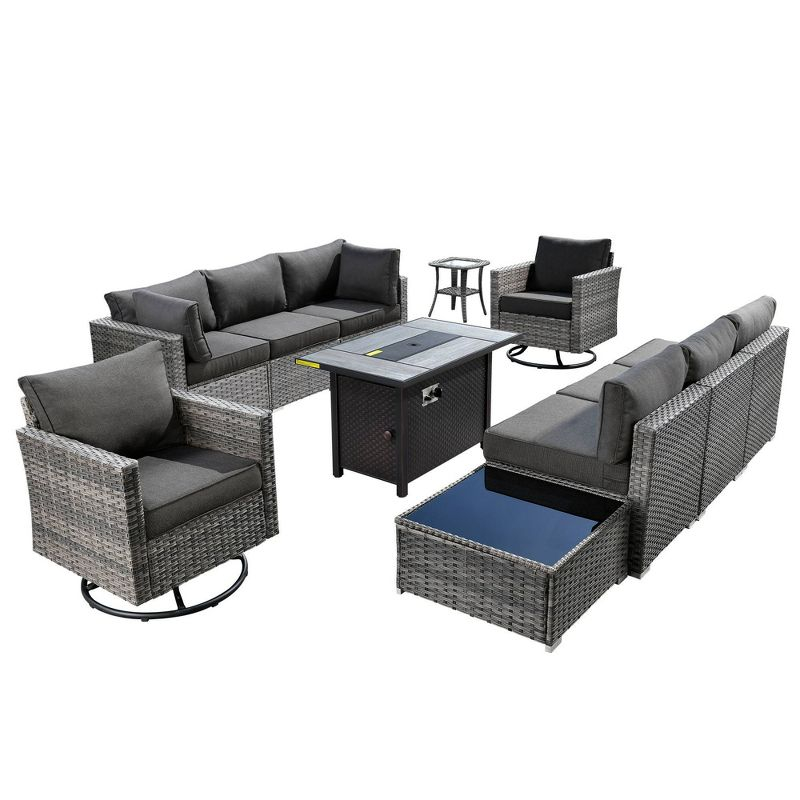 Ovios Venice 11pc Wicker Outdoor Patio Furniture Set Conversation Sofa with a Metal Fire Pit Swivel Chairs and Dark Gray Cushions