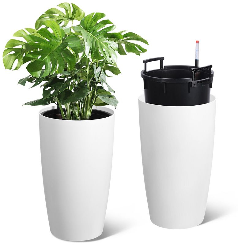 22" Tall Planter Set of 2, Self Watering Pots Indoor & Outdoor, Large Flower Pot with Water Level Monitor, for Patio, Porch, Home Office, White