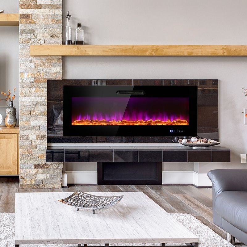 Costway 50'' Electric Fireplace Recessed Wall Mounted Heater W/ Decorative Crystal & Log