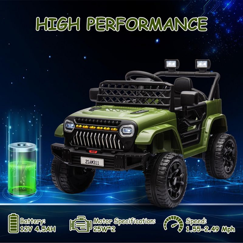 12V Ride On Car for Kids, Electric Vehicle Toddles, Battery Powered Truck Car Toy with RC, LED, Music, 4-Wheel Suspension, Army Green