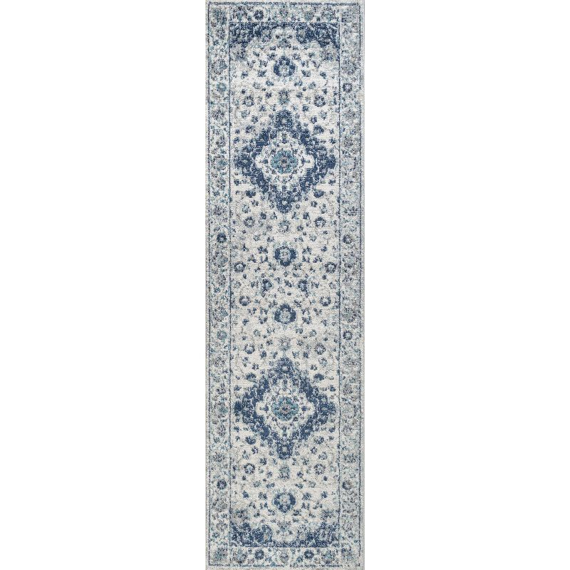 2'x8' Indhira Ornate Medallion Persian Runner Rug, Blue/Gray - JONATHAN Y