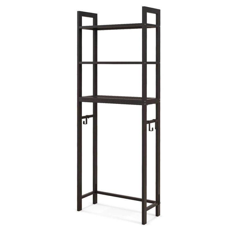 Tangkula Over-The-Toilet Storage Shelf Space Saving Metal Bathroom Organizer Hooks Brown