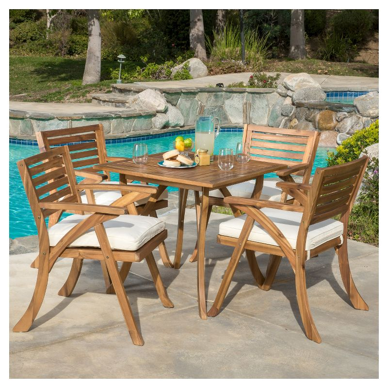 Hermosa 5pc Acacia Wood Patio Dining Set with Cushions - Teak Finish - Christopher Knight Home: Outdoor Furniture, 4 Arm Chairs & Square Table