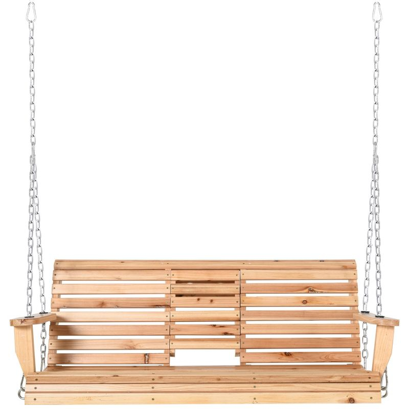 Outsunny 3-Seater Wooden Porch Swing, Patio Swing Bench with Folding Coffee Table, Cup Holders and Chains Included, 440lbs Weight Capacity, Natural