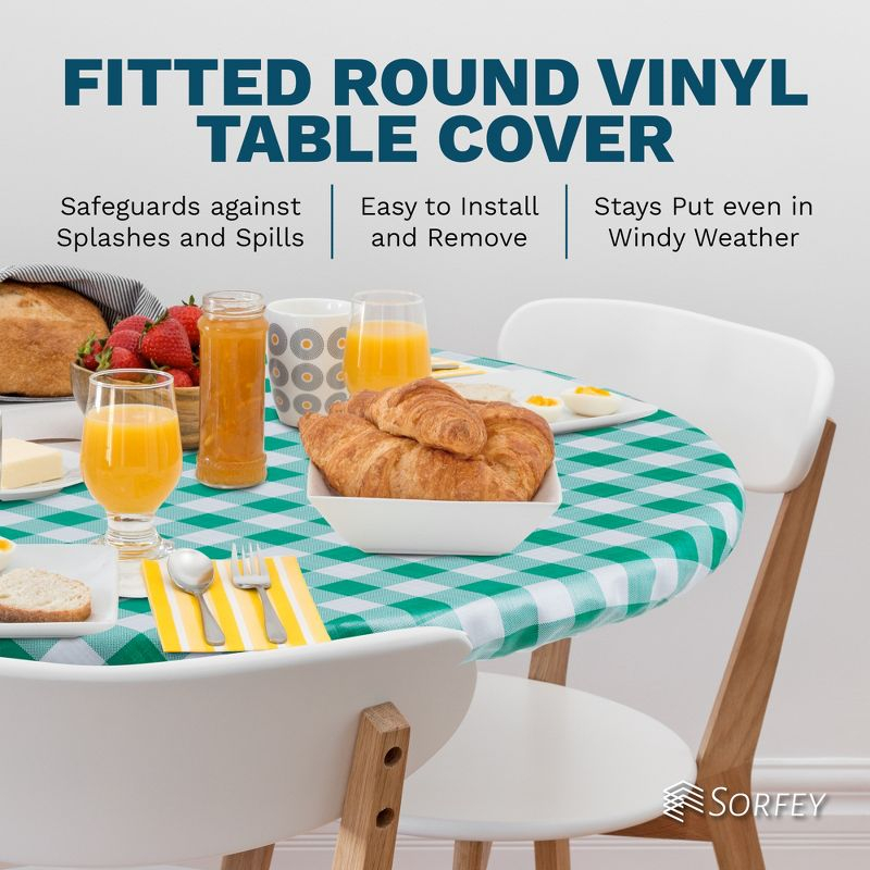 Round Tablecloth -Fitted with Elastic, Vinyl with Flannel Back, 30” Round Green Checked Design,- By Sorfey
