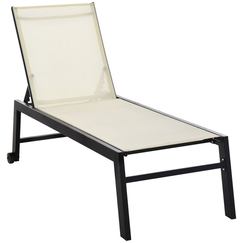 Outsunny Chaise Lounge Outdoor Pool Chair with Wheels, Five Position Recliner for Suntanning, Sunbathing, Steel Frame, Breathable Fabric, Cream White