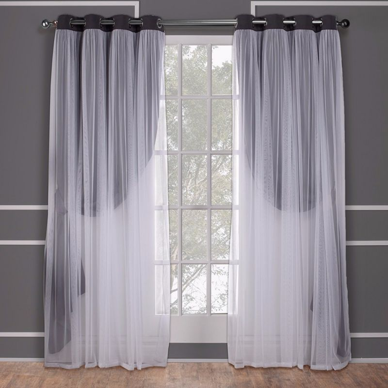 Set of 2 (108"x52") Caterina Layered Solid Blackout with sheer top Curtain Panels Black Pearl - Exclusive Home