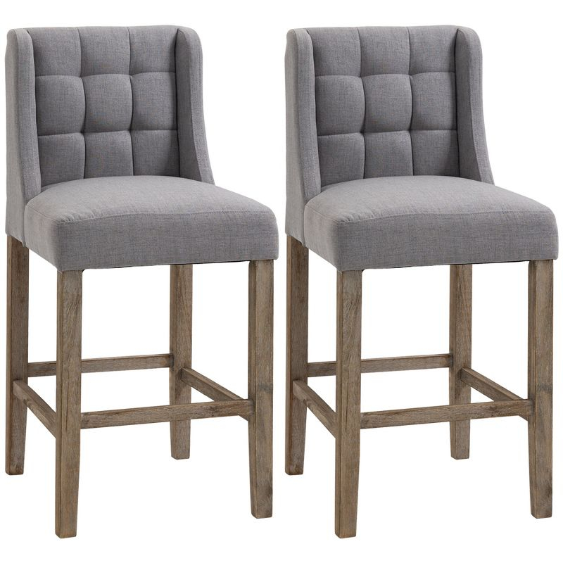 HOMCOM Counter Height Bar Stools, Tufted Upholstered Barstools, Pub Chairs with Back, Rubber Wood Legs for Kitchen, Dinning Room, Set of 2, Gray