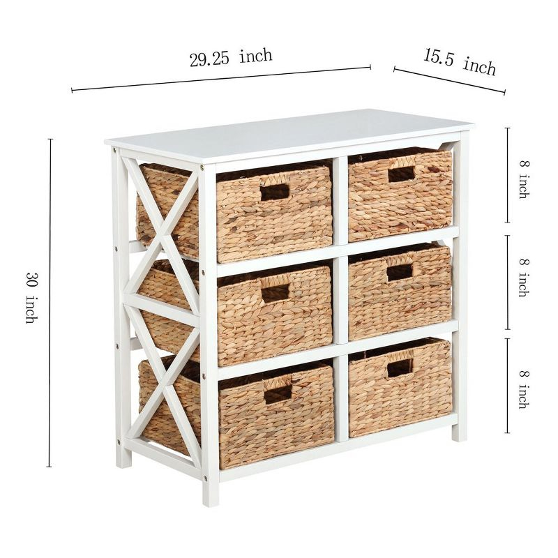 eHemco 3 Tier X-Side Storage Drawers with 6 Wicker Baskets, White