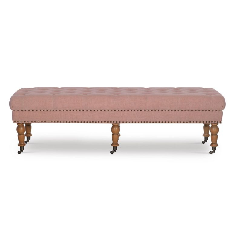 62" Isabelle Traditional Linen Tufted Upholstered Nailhead Wheeled Bench Pink - Linon: Elegant Ottoman, Bedroom Furniture