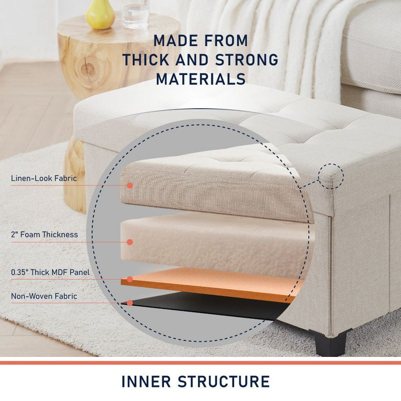 Ornavo Home Foldable Tufted 30 Inch Linen Bench Storage Ottoman with Legs - Black