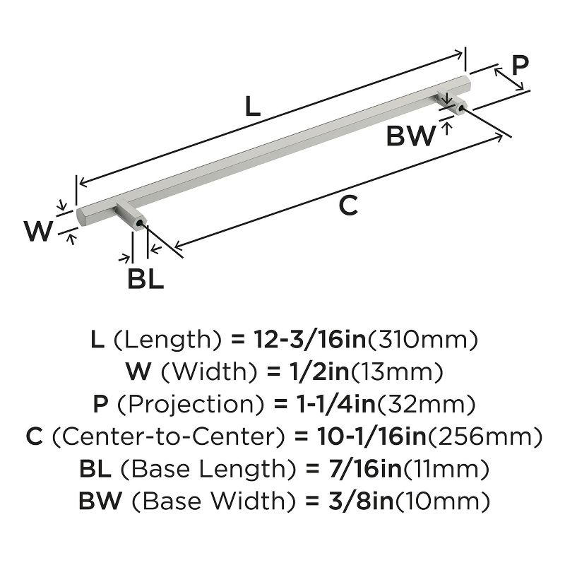 Amerock Caliber 10-1/16 inch (256mm) Center-to-Center Satin Nickel Cabinet Pull
