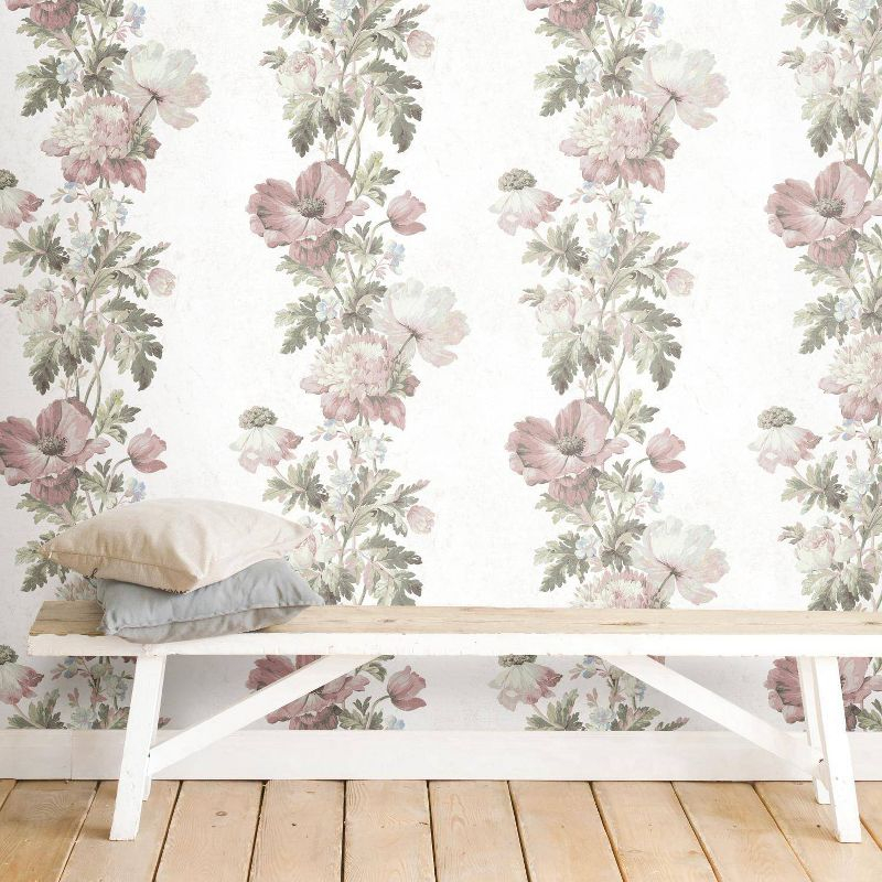 RoomMates Vintage Floral Stripe Peel and Stick Wallpaper Pink: Self-Adhesive Vinyl, Botanical Pattern, 28.3 Sq Ft Coverage