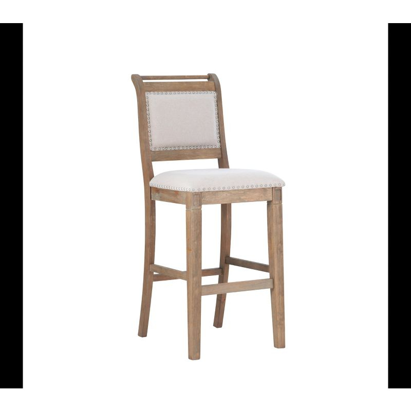 Emmy Padded Back Nailhead Barstool Natural - Linon: 30" Height, Rustic Wash, Upholstered, Footrest
