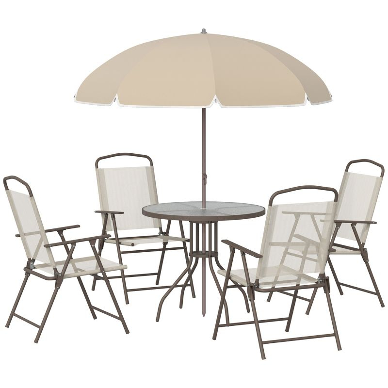 Outsunny 6 Piece Patio Dining Set for 4 with Umbrella, 4 Folding Dining Chairs & Round Glass Table for Garden, Backyard, and Poolside, Beige