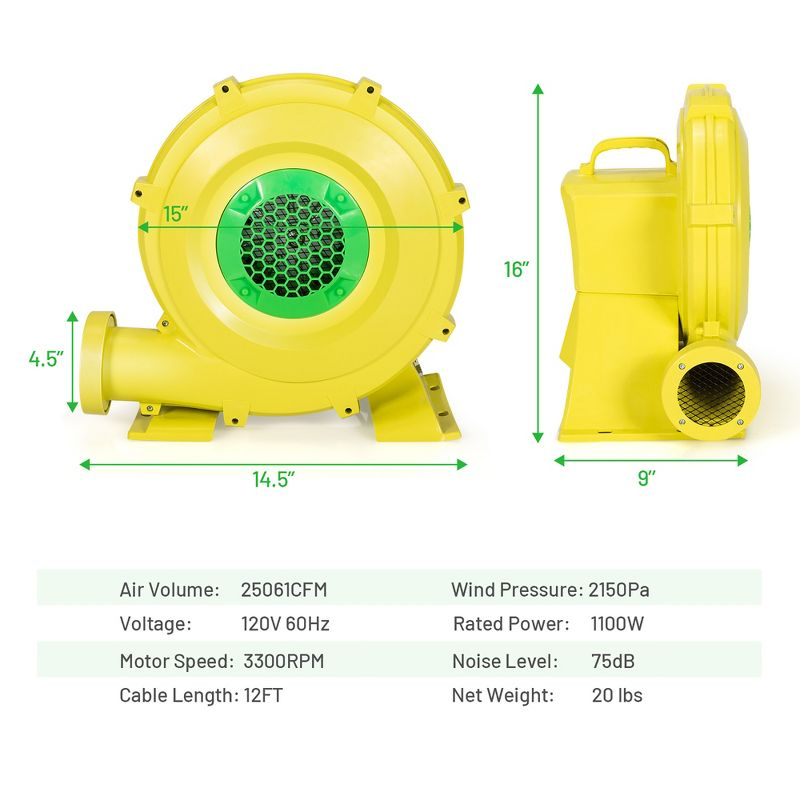Costway Inflatable Bounce House Blower 1100W 1.5HP Air Pump Commercial Castle Slide Fan