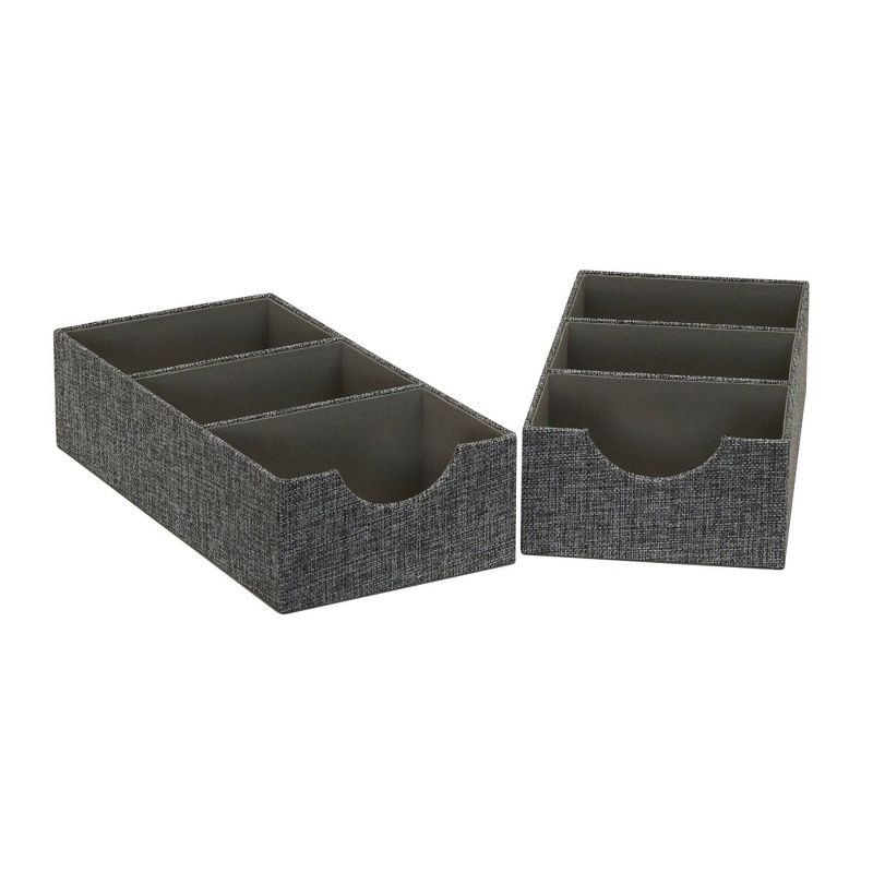 Household Essentials Set of 2 3-Section Drawer Trays Graphite Linen: Stackable Decorative Storage Boxes, Gray, 12"x6"