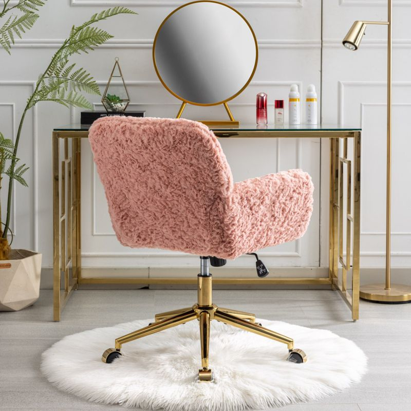 Pink Artificial Rabbit Fur Home Office Chair, Adjustable Swivel Desk Chair with Gold Metal Base and Wheels - The Pop Home