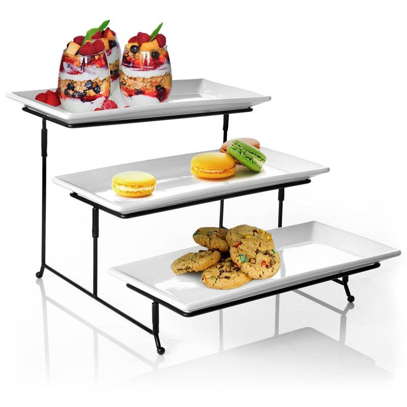 Gibson Elite Porcelain Gracious Serving Plate Set with Metal Stand: Tiered Cupcake & Serving Tray, Rectangle