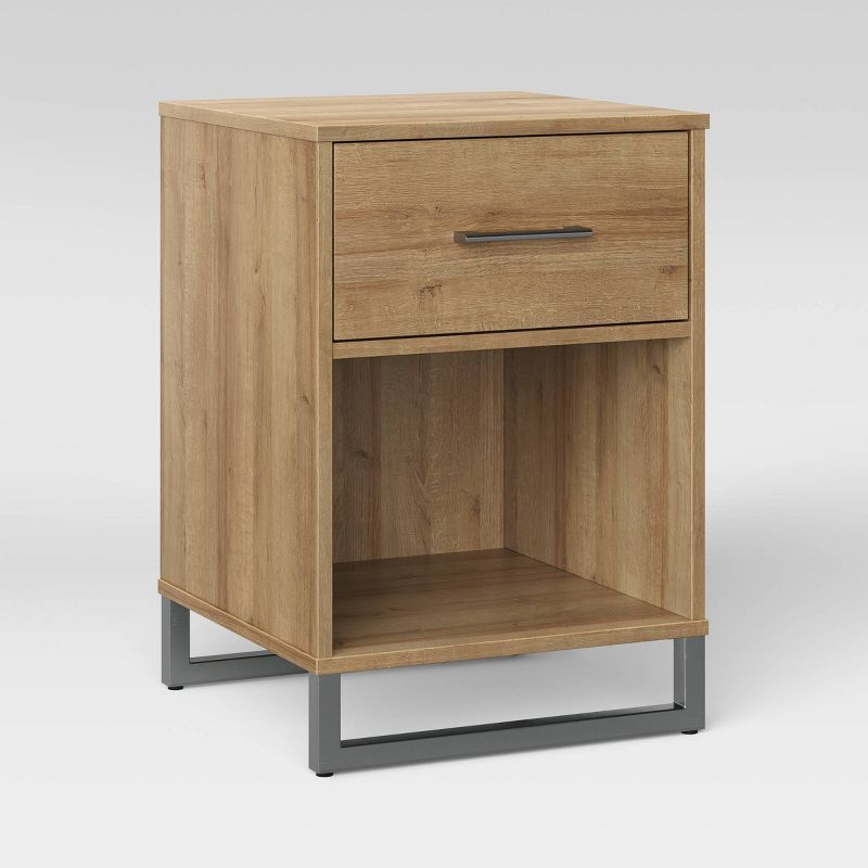 Mixed Material Dorm Nightstand Natural - Room Essentials™: Spacious Drawer, Open Shelf, Metal Legs