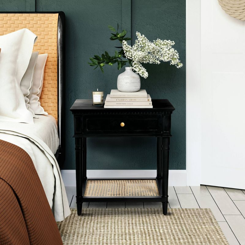 Storied Home Maxwelton End Table Black: Elegant Square Nightstand with Storage Drawer & Cane Shelf