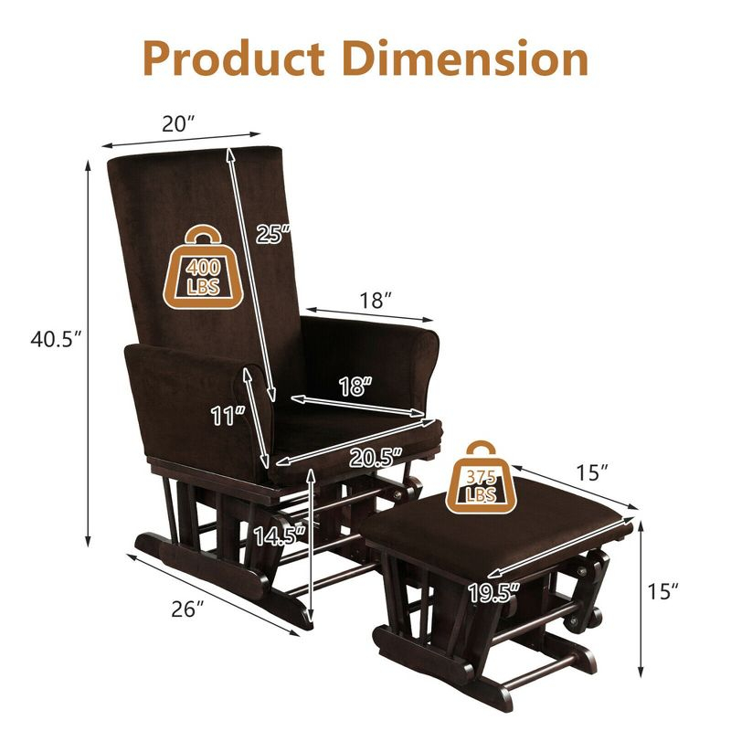 Costway Glider and Ottoman Cushion Set Wooden Baby Nursery Rocking Chair Brown