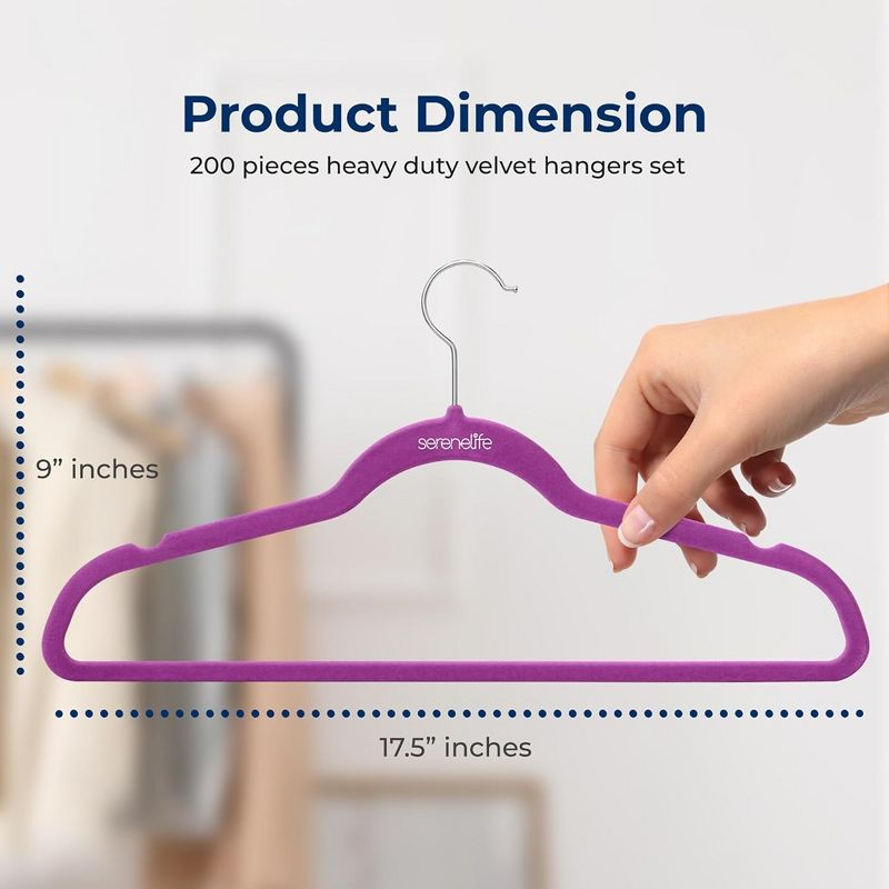 SereneLife 200pk Non-Slip Velvet Clothes Hangers - Purple
