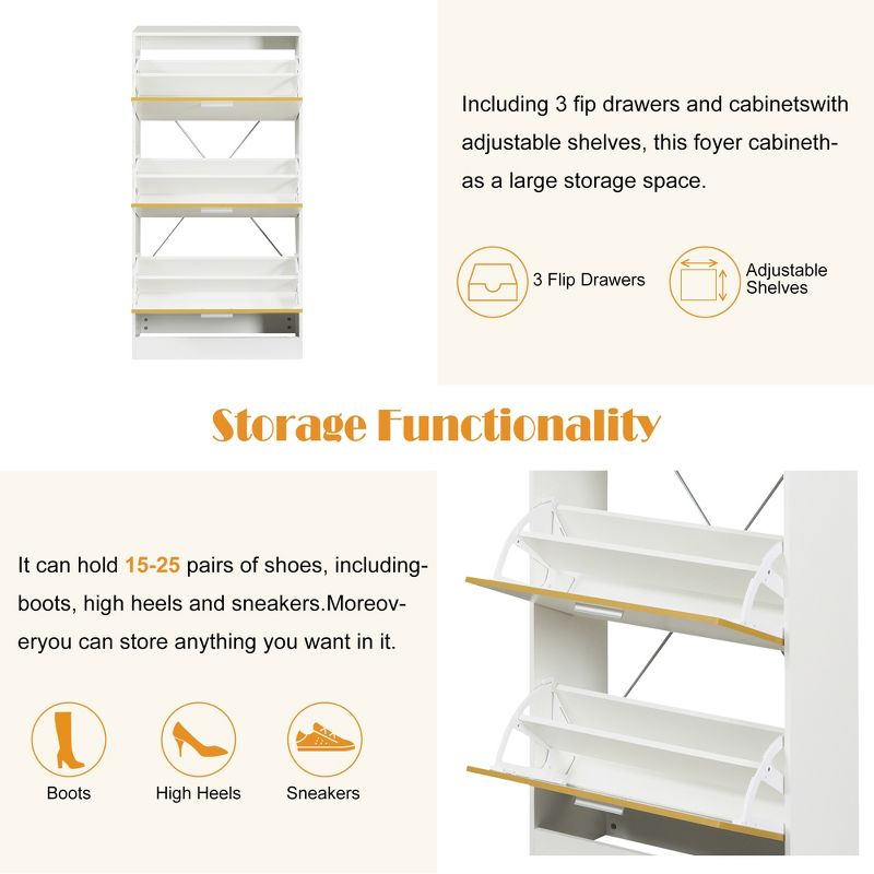 Shoe Cabinet with 3 Flip Drawers, Freestanding Shoe Storage Organizer, Hidden Narrow Shoe Rack for Entrance Hallway Living Room White
