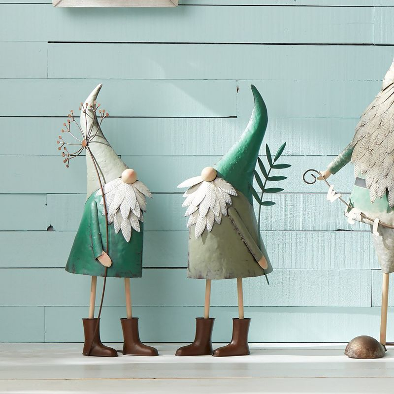 Iron Metal Standing Garden Gnome with Flower (Set of 2)