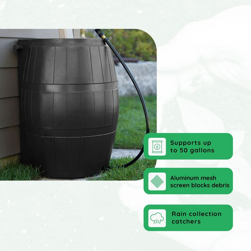 FCMP Outdoor RC4000-BLK 50 Gallon Flat Back Outdoor Home Rain Catcher Water Storage Collection Barrel for Watering Outdoor Plants and Gardens, Black