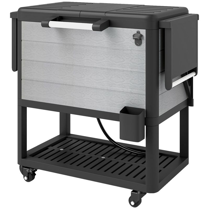 Outsunny 104 Quart Patio Cooler Cart, Outdoor Beverage Rolling Ice Chest with Bottle Opener and Shelves for Pool Deck BBQ Cookouts Party, Gray