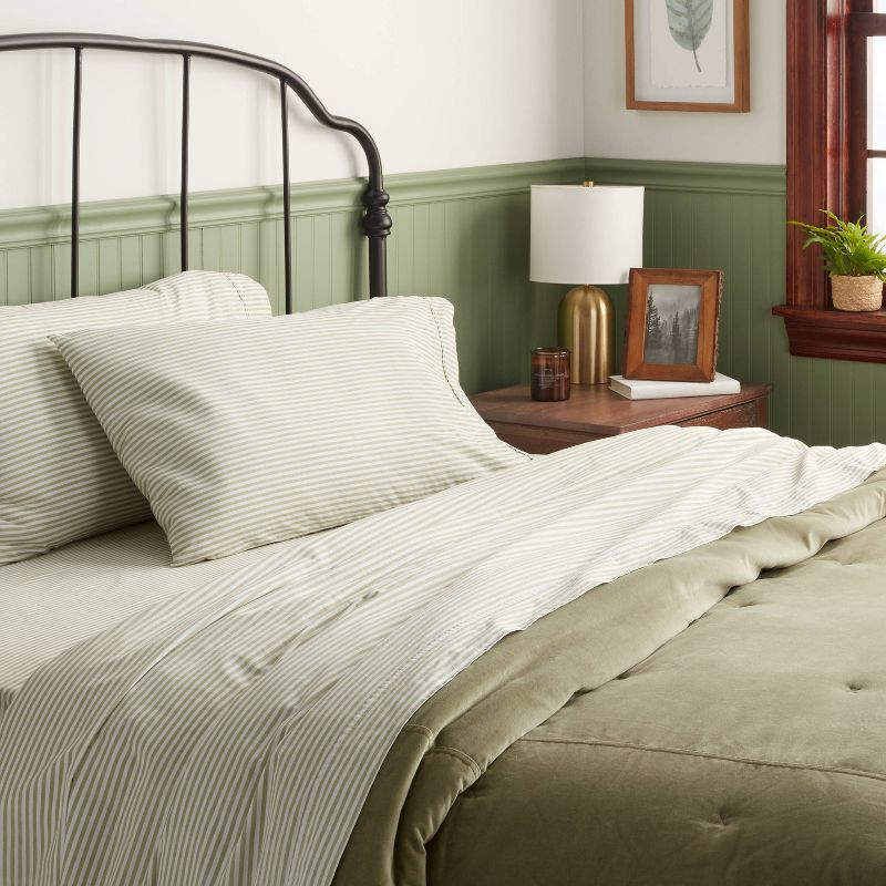 Queen 250 Thread Count Organic Percale Sheet Set Sage Green Stripe - Threshold™: GOTS & OEKO-TEX Certified, Includes 4pc