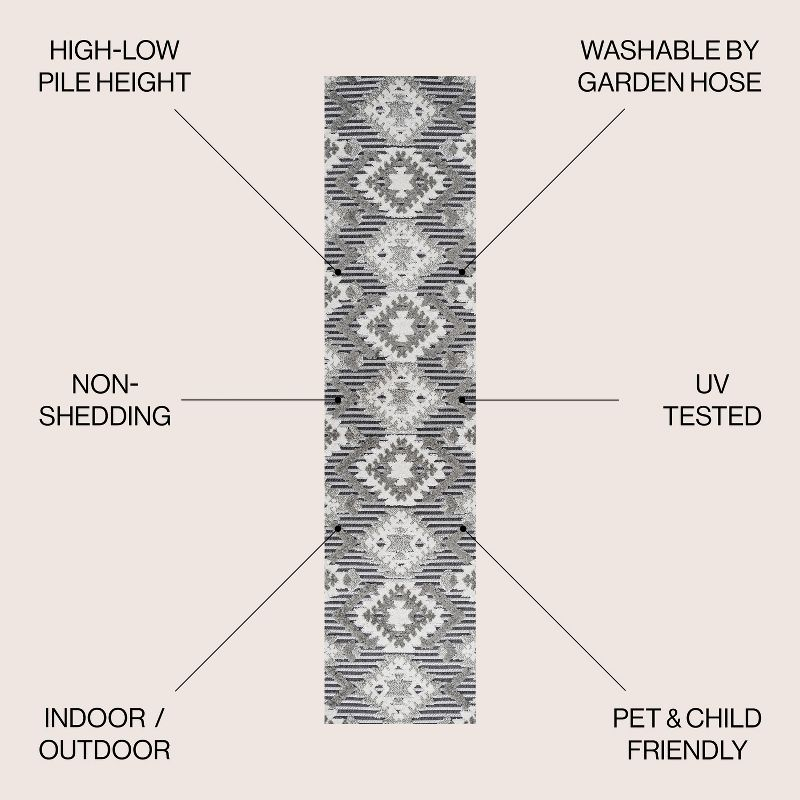 2'x10' Sumak High-Low Pile Neutral Diamond Kilim Indoor/Outdoor Runner Rug, Gray/White/Black - JONATHAN Y