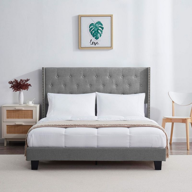 Bryt Wingback Diamond Upholstered Platform Bed, King Size Bed Frame with Headboard - Silver