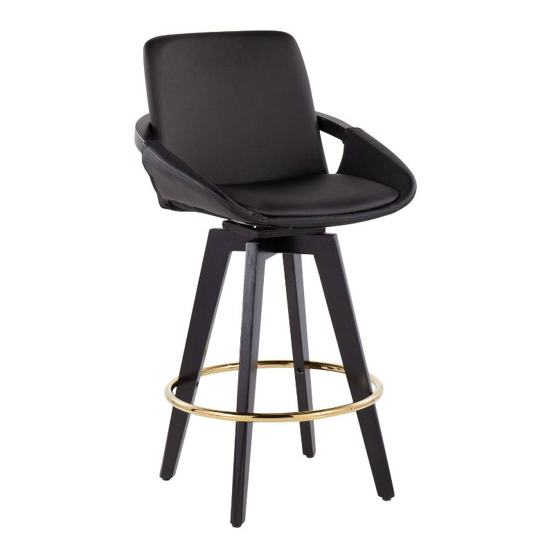 Set of 2 Cosmo PU Leather/Metal/Wood Counter Height Barstools Black/Gold - LumiSource: Swivel Seat, Fixed Height