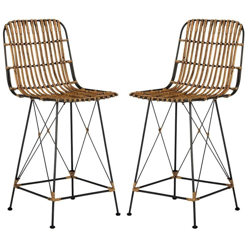 Minerva Wicker Counter Stool (Set of 2)  - WIK6509 - Natural Brown Wash/Black - Safavieh