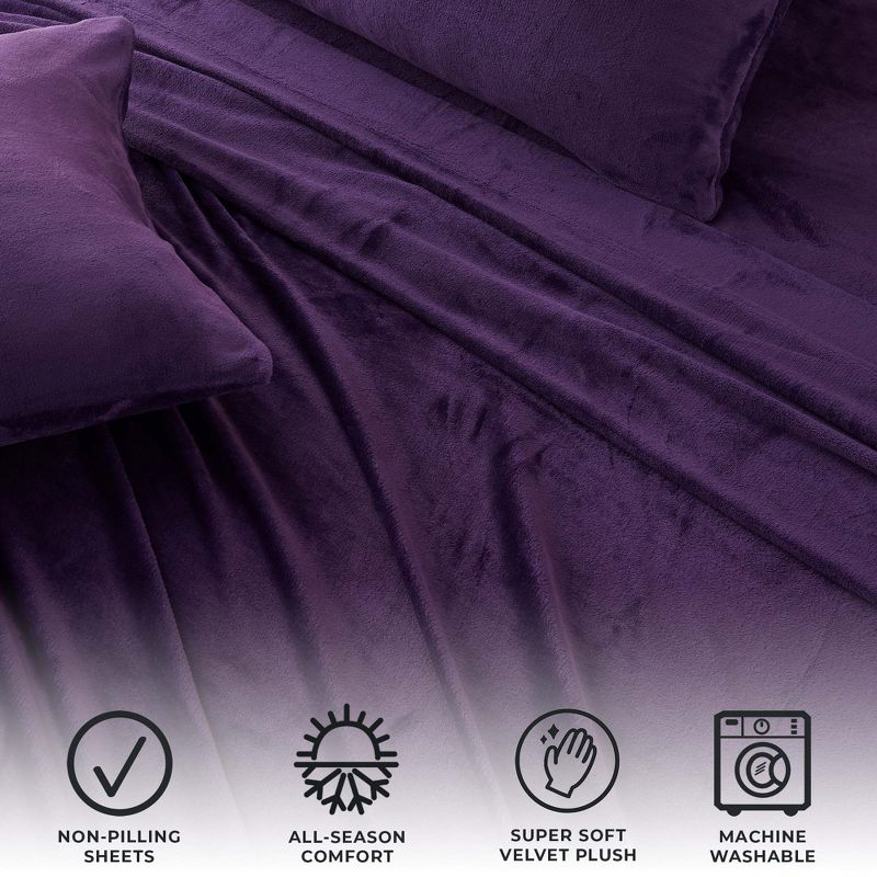 Solid Velvet Plush Fleece Sheet Set - Great Bay Home (King, Purple)