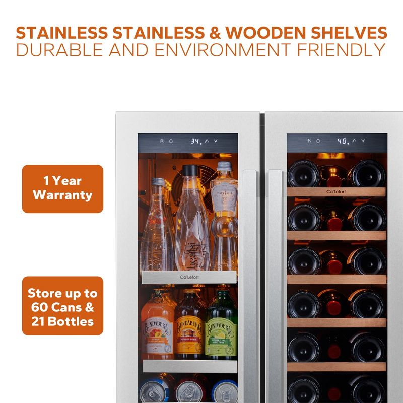 Ca'Lefort Wine and Beverage Refrigerator 24 Inch, 60 Can and 20 Bottle Wine Fridge Dual Zone 36°F-72°F