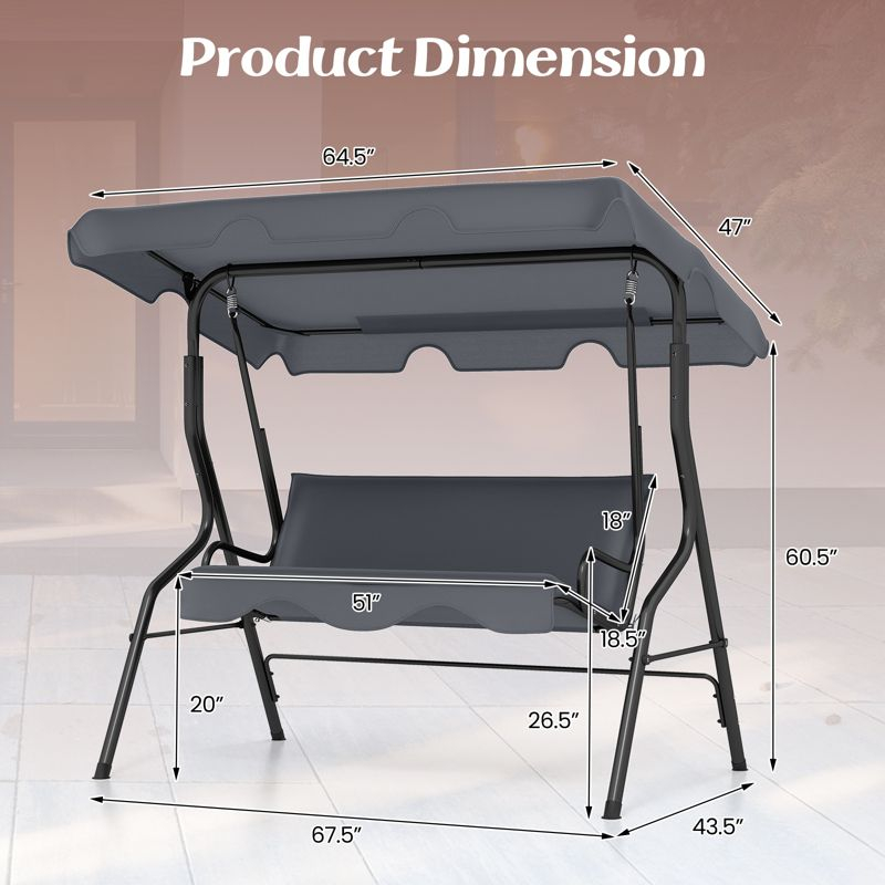 Costway Patio 3 Seats Canopy Swing Glider Hammock Steel Frame Cushioned Backyard Grey