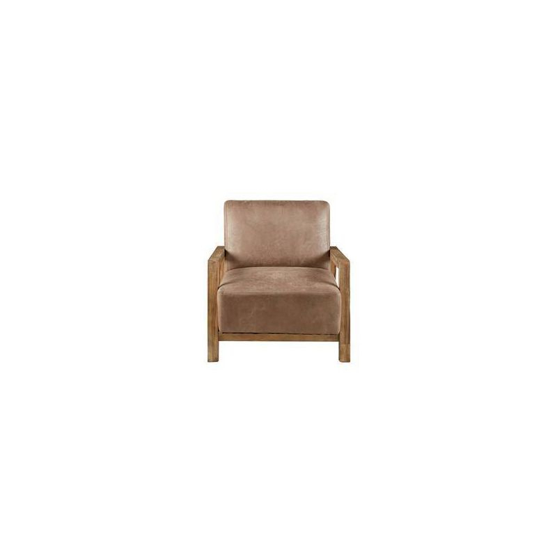 Easton Accent Chair Taupe/Natural: Solid Wood Arms, Reclaimed Finish, Polyurethane Leather