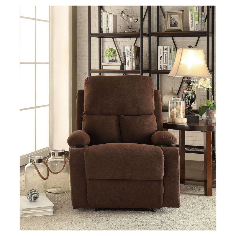 Rosia Linen Recliner Chocolate - Acme Furniture: Microfiber, Cup Holders, Wood Frame