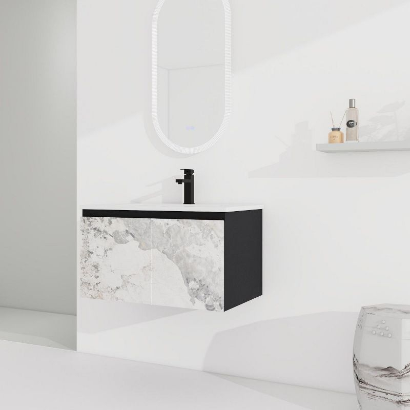 30'' Floating Wall-Mounted Marbling Black Bathroom Vanity Ceramics Sink,Floating Sink with Soft-Close Cabinet Door, KD-Package-Cuddlewood
